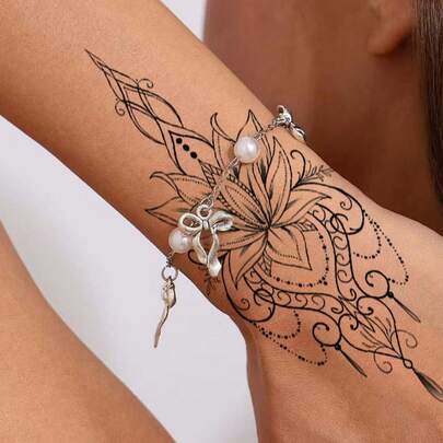 1pc Waterproof Tattoo Sticker, Sexy Elegant Minimalist, Black Mandala Tattoo Sticker, Black Lace Lotus Flower Mandala Floral Fake Jewelry Pendant Design, Waterproof Fake Tattoo Suitable For Arm, Neck, Hand Back, Finger, Wedding, Music Festival, Party