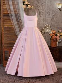 Tween Girls Solid Color Spaghetti Strap Backless Tie-Back Satin Elegant Flower Girl Evening Dress Suitable For Party, Headband Not Included - Dusty Pink - View 6