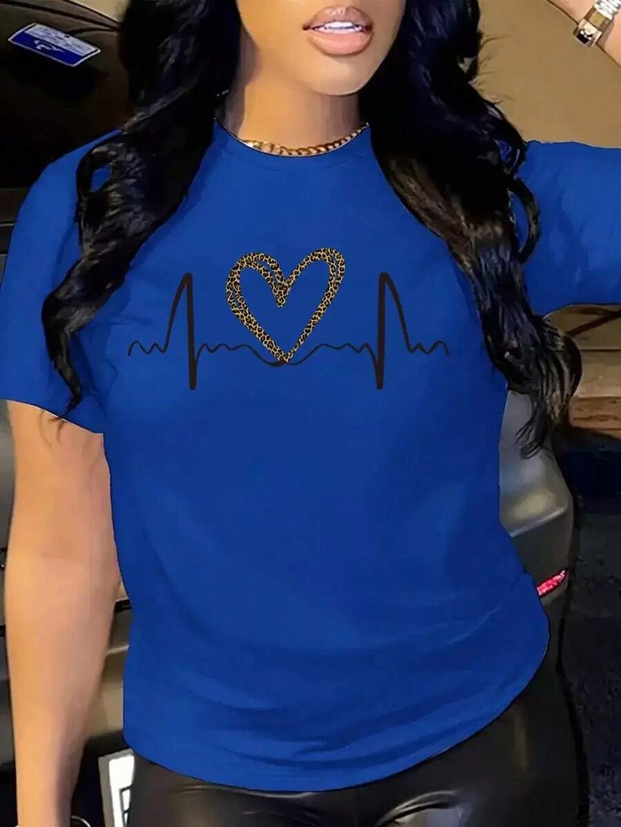 Camiseta básica de algodón de manga corta con estampado de leopardo y corazón para mujer - Azul - Ver 1