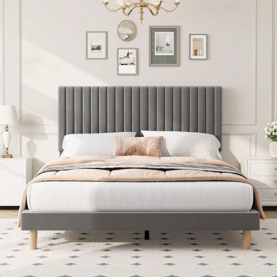 Techigher Bed Frame, Velvet Upholstered Platform Bed With Adjustable Headboard, Vertical Channel Tufted, Sturdy Wooden Slats, Silent Design, Easy Assembly