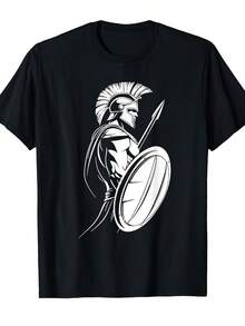 Greek Hoplite Spartan Soldier Gladiator In Battle Stance T Shirt_1[Cool Design] Street Trending Style Women'S Tee Comfortable Cotton Round Neck Shorts Same Gender Design And Sleeves Men'S T Shirts - 黑色 - 查看 1