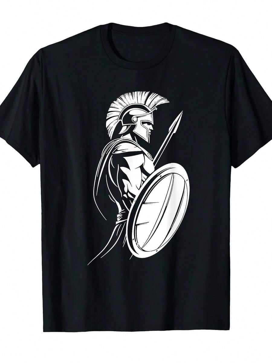 Greek Hoplite Spartan Soldier Gladiator In Battle Stance T Shirt_1[Cool Design] Street Trending Style Women'S Tee Comfortable Cotton Round Neck Shorts Same Gender Design And Sleeves Men'S T Shirts - 黑色 - 查看 1