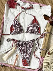 Elegant Zebra Print Bikini Set - White 2 Pieces With Burgundy Floral Accent | Charming Beach Style For Summer Vacation - Multicolor - View 3