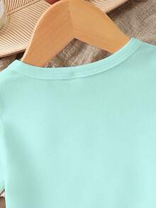 2pcs/Set Young Girl's Casual Cartoon Print Short Sleeve T-Shirt And Minimalist Print Shorts Set, Suitable For Summer Outings - Green - View 5