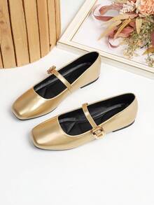 Zapatos de estilo Mary Jane con punta ancha, nueva llegada adecuada para todas las estaciones, tallas 34-44, estilo francés y versátil - Dorado - Ver 12