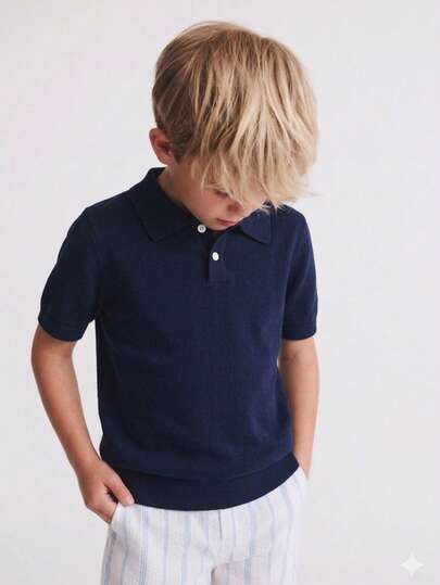 男童纯色 Polo 领短袖针织衫，轻薄套头衫，适合上学和日常穿着，春夏秋季皆宜。