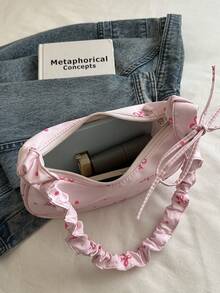 1 chiếc túi đeo vai bằng vải nylon màu hồng, khóa kéo trơn, dây rút, nơ, in chấm bi, thời trang, đa năng, phong cách tối giản, mùa xuân/hè, mẫu mới độc đáo, phù hợp cho nữ sử dụng hàng ngày. - Hồng - Xem 8