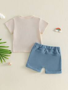 Boys Summer Shorts Sets Short Sleeve O Neck Letter Fish Rod Embroidery Tops And Solid Color Shorts - Blue - View 6