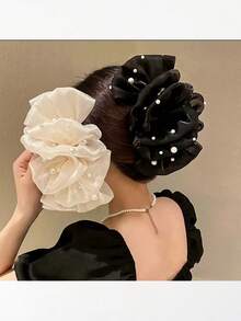 1pc Foam Mesh Faux Pearl Decor Big Bow Hair Clip, Women's Daily Hair Accessory, Suitable For Special Occasions, Ideal For Beach Vacation Vacay Beach Claw Clips - Multicolor - View 7