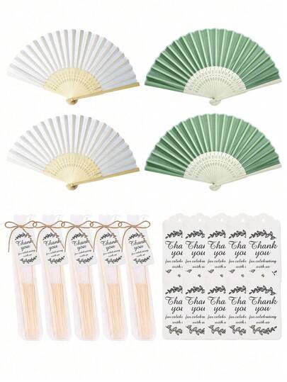 Bộ quà tặng tiệc cưới 12/4 món, bao gồm quạt xếp lụa trắng/xanh lá, túi vải organza, thiệp cảm ơn, dây gai, quà tặng cô dâu, quà cưới trang nhã, thích hợp làm quà lưu niệm cho bạn bè và khách mời, đạo cụ chụp ảnh, tiệc độc thân, tiệc cô dâu.