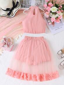 2pcs/Set Girls' 3D Rose Floral Camisole And Mesh Shorts Set, Suitable For Party And Outdoor Wear, Summer - Pink - View 3