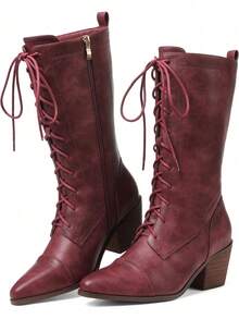 Women's Easter Leather Burgundy Mid Calf Boots Lace Up Chunky Heel Vintage Combat Heeled Dress Casual Boots Country Concert Combat Boots For Women - Burgundy - View 2