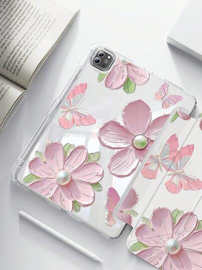 Ốp lưng hai mặt bằng acrylic trong suốt, hình bướm ngọc trai hoạt hình dễ thương, in hoa, chống sốc, phù hợp với iPad thế hệ thứ 7, 8 và 10 (10.2 inch), có khe cắm bút tích hợp, hỗ trợ chức năng ngủ/thức, là lựa chọn quà tặng lý tưởng.