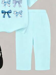 Tween Girl Bow Print Short Sleeve T-Shirt And Shorts Casual Set - Blue - View 5