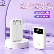 10000mAh Mini Cute 5V1A Slow Charging Power Bank, Small Size Large Capacity Rechargeable Portable Mobile Phone Charger, Built-In 4 Cables, Smart Digital Display, Micro Interface, USB-C Output&Input, Outdoor Travel Battery Packs - trắng - Xem 1
