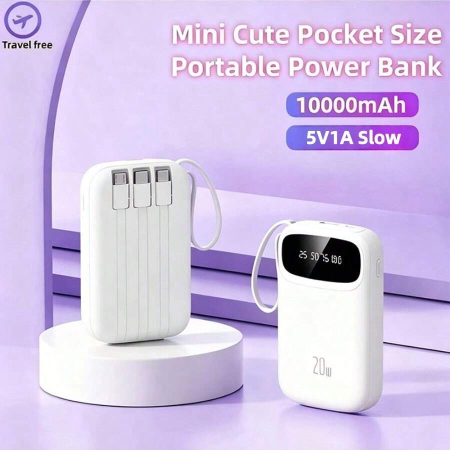 10000mAh Mini Cute 5V1A Slow Charging Power Bank, Small Size Large Capacity Rechargeable Portable Mobile Phone Charger, Built-In 4 Cables, Smart Digital Display, Micro Interface, USB-C Output&Input, Outdoor Travel Battery Packs - trắng - Xem 1