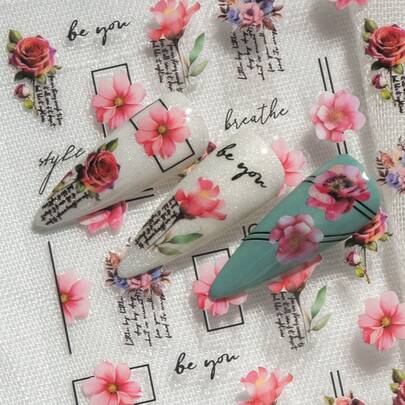 1 Sheet Elegant High-End Nail Art Stickers With Vibrant Rose, Watercolor Floral, Black Geometric Borders, And Handwritten Healing Phrases (Be You, Style, Breathe, Etc.). Suitable For Commute, Vintage Parties, Dates, And Daily Refined Manicure. Ideal For Career Women, Vintage Enthusiasts, And DIY Nail Art Lovers.