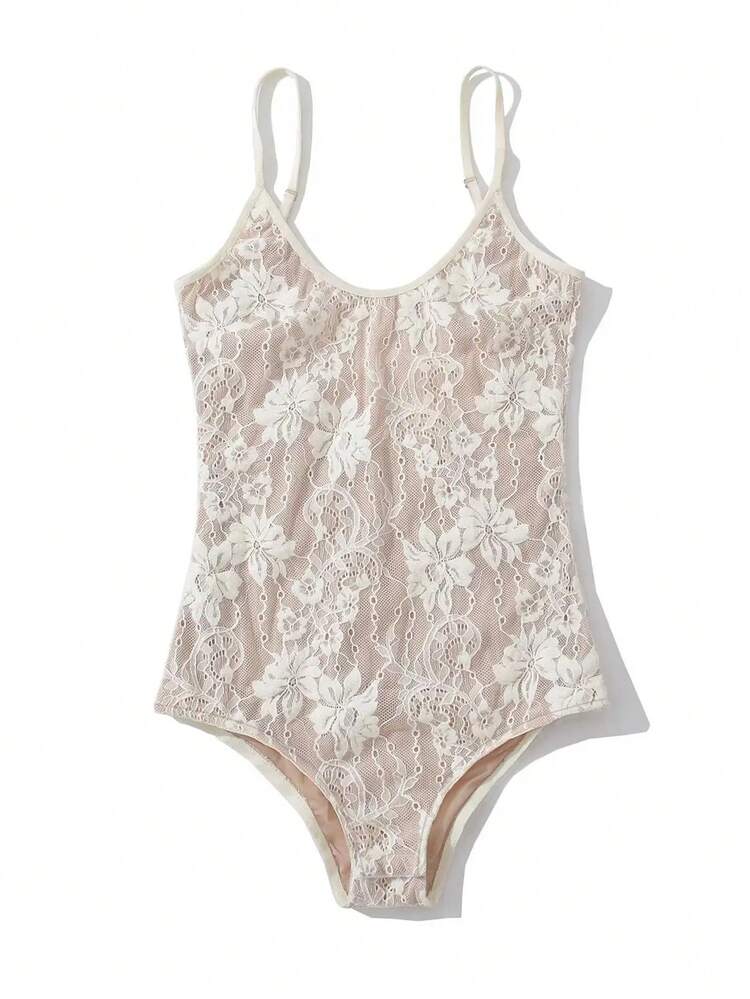 女士优雅性感蕾丝连体衣，双层蕾丝网纱设计，纯色蕾丝网纱双层性感设计，适合派对、海滩、日常穿着，夏季 - 杏色 - 查看 7