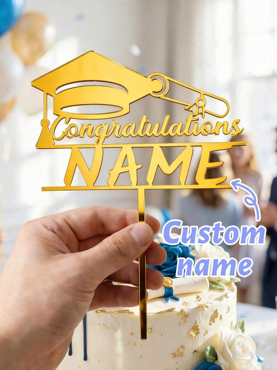 Custom Graduation Cap Cake Topper, Personalized Name Cake Decoration, Classic Graduation Theme Style, Customized Name Party Cake Decor For Graduation Ceremony, Celebration, Customizable Gift For Friends, Black/Silvery/Rose Golden/Golden, Family, Graduation Season Party Supplies - Style a - View 1