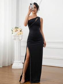 Đầm maxi ôm sát cơ thể màu đen thanh lịch, lệch vai, đính ngọc trai, xẻ tà cao, thích hợp cho tiệc cưới, cocktail. - màu đen - Xem 4