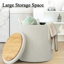Round Ottoman With Storage, Set Of 2, Small Vanity Stool As Vanity Chair, Corduroy Ottoman Foot Rest For Small Space, Living Room, Bedroom, Beige - Màu be - Xem 3