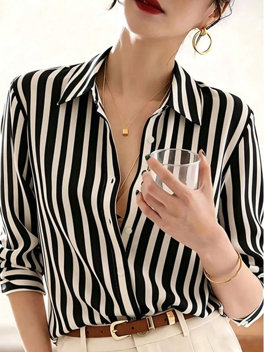 Nueva blusa de mujer de manga larga holgada, blusa de botones de unicolor roja - Blanco y Black - Ver 1