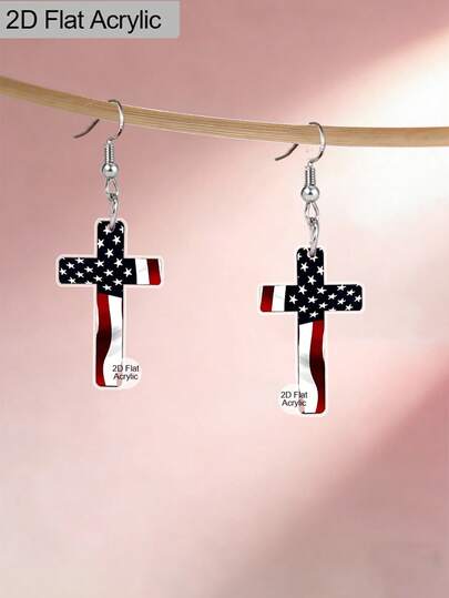 1对美国国旗十字架亚克力耳环，2D扁平爱国基督教十字架吊坠耳环，独立日耳环，爱国主义7月4日耳环，女士珠宝礼物