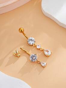 2个18K镀金不锈钢水滴形锆石肚脐环，性感肚脐穿刺饰品，女士款 - 金黃色 - 查看 3
