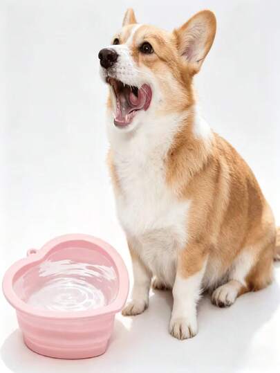 350毫升心形可折叠宠物碗，带挂绳，柔软硅胶便携式狗碗，粉色/蓝色可选，适用于猫狗，是户外散步、露营和旅行喂食饮水的理想之选。