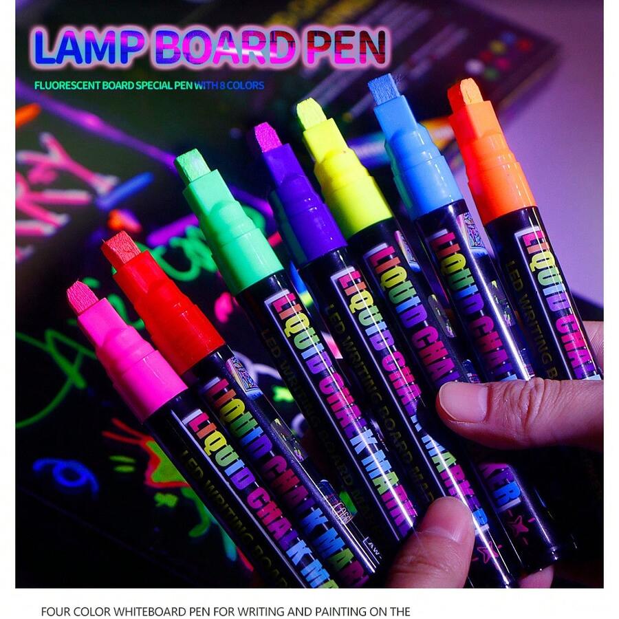 8 قطع أقلام لوحة ضوئية قابلة للمسح بالماء، ألواح إشارات فلورسنتية للرسم والتصميم المؤقت، أقلام تحديد متعددة الألوان فلورسنتية مناسبة لرسم الجرافيتي على زجاج المطاعم أو السبورات (الألوان عشوائية)