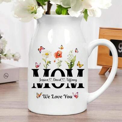 Personalized Mom Vase Custom Ceramic Birth Month Flower Vase With Kid Names, Family Names Planter Pot For Mom, For Grandma, Birthday Present, Mother's Day Gift
