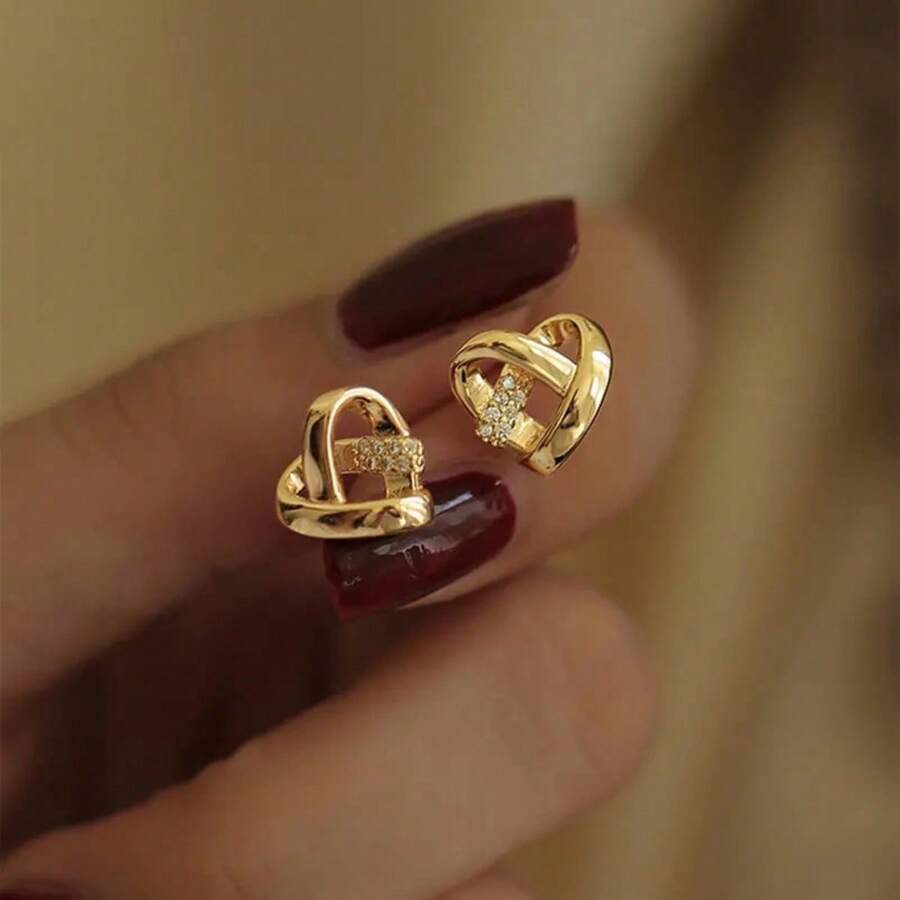 Dainty Rhinestone Heart Intertwined Stud Earrings For Women Fashion Light Luxury Minimalist Statement Ear Jewelry