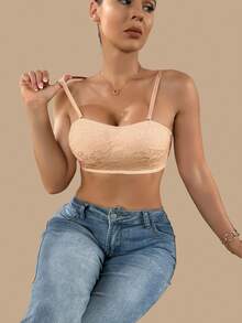 1PC French Lace Non-Strap Balconette Sexy Bras, Fixed Cup Pad, Adjustable Shoulder Straps, Uplifting And Firming, Must-Have Bras For Daily Use, One-Shoulder Invisible Bras - Apricot - View 8