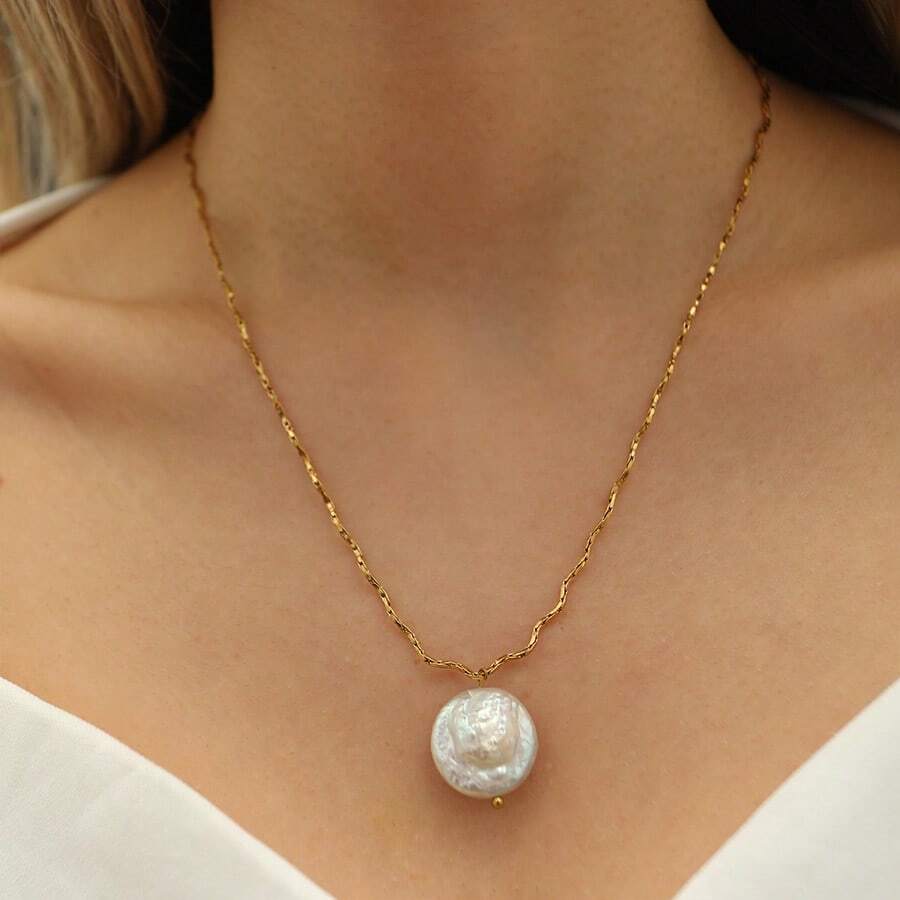 奢华手工18K镀金巴洛克珍珠项链，天然淡水不规则珍珠吊坠，优雅婚礼/派对珠宝 - 香檳色 - 查看 1