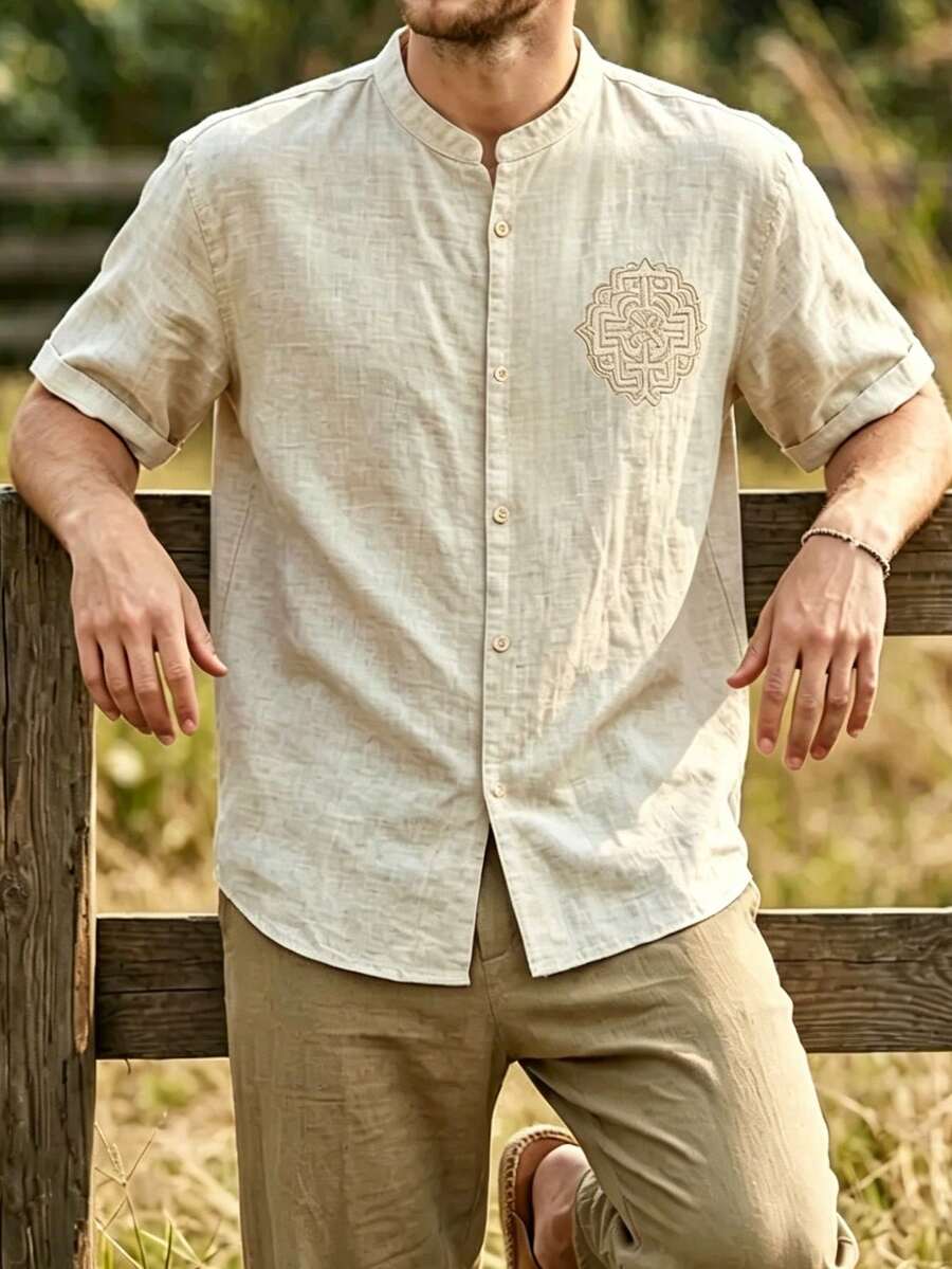 男士夏季休闲短袖衬衫 - 米色 - 查看 1