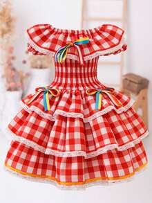 Children's And Teens' Country-Style Dress For June Festivals, Traditional Square Dances, Saint John's Day, Borboletinhas Kids - 紅色格子 - 查看 1