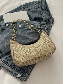 Túi đi biển mùa hè dành cho nữ, túi đeo vai dây xích hình vỏ sò và ngọc trai dễ thương, túi xách mini dệt thủ công tiện dụng cho kỳ nghỉ. - Màu Khaki - Xem 5