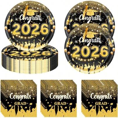 40pcs Graduation Paper Plate Black Gold Class Of 2026 Graduation Plates And Napkins 7inch Disposable Tableware College High School Congrats Graduation Party Supplies Decoration