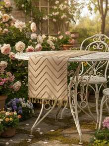 1pc Bohemian Decorative Table Runner, Featuring 3D Wavy Texture Design, Suitable For Wedding, Party, Dining Table And Living Room, Khaki Color With Handmade Tassel Decor - Khaki - View 3