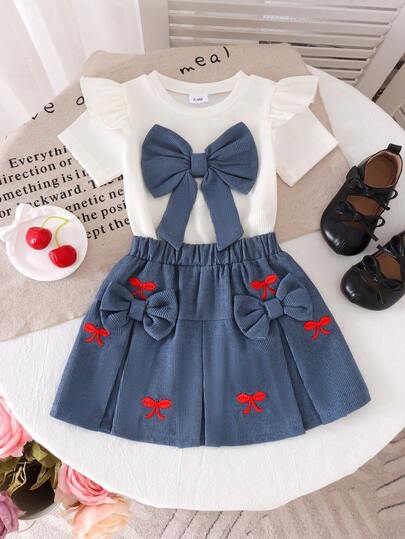 2pcs Baby Girls Cute Bow Short Sleeve White T-Shirt + Blue Skirt Suit, Casual School Style
