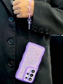 1pc Dreamy Purple Transparent Wavy Phone Case, Epoxy Resin With Colorful Glitter Stars And Heart-Shaped Beaded Chain, Shockproof Anti-Slip Scratch-Resistant, Fit For Samsung S20-S25, Note 14/13/12, A56 5G International Version, Birthday Holiday Gift, Perfect Mother's Day Gift - Purple - View 4