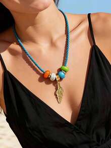 1pc Boho Style Colorful Turquoise Beaded Necklace With Golden Shell Pendant, Suitable For Beach Vacation, Party, Commute, Elegant Jewelry - Multicolor Hailuo - View 3