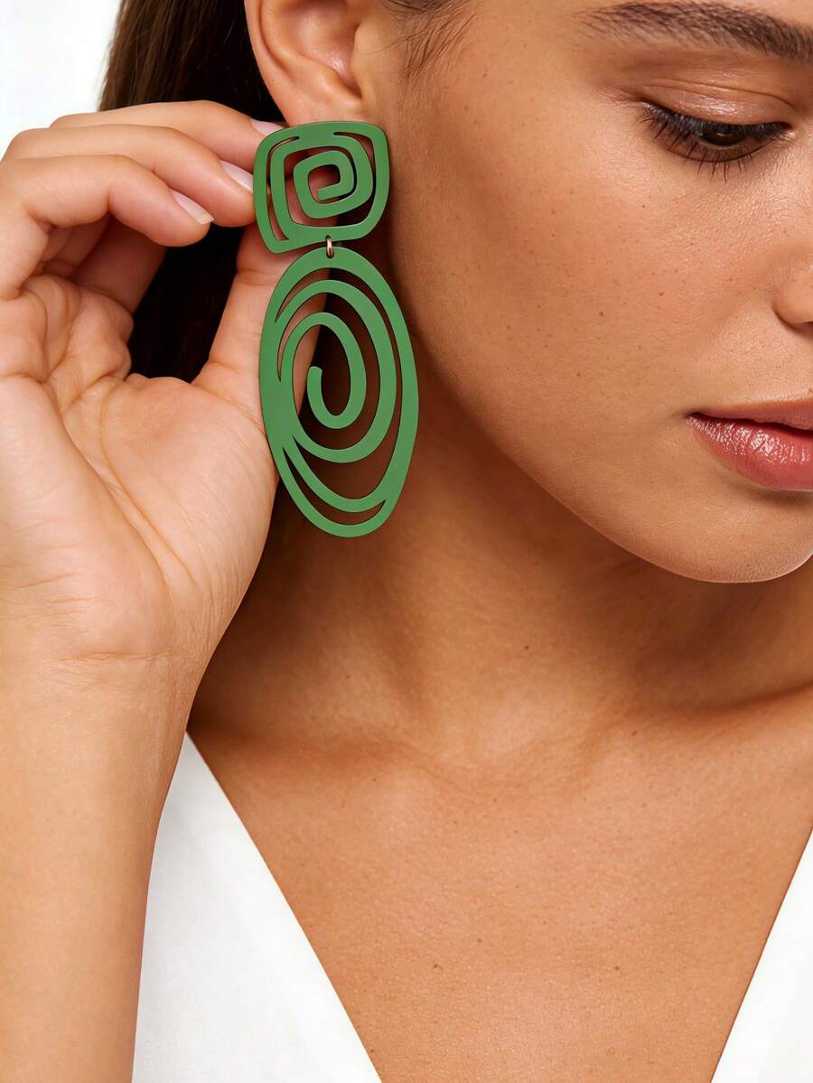 1 paire de boucles d'oreilles à pendentif métallique géométrique creux et elliptique en spirale, style mode automne/hiver pour femmes. Convient pour le port quotidien, les festivals, les fêtes, les vacances et les loisirs. Bijoux pour femmes. - Vert - Voir 1