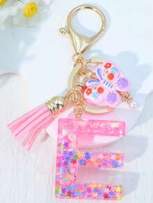 1pc Resin Letter Keychain With Butterfly & Pearl Decor, Minimalist Bag Charm, Holiday Gift For Women A-Z - Baby Pink - View 24