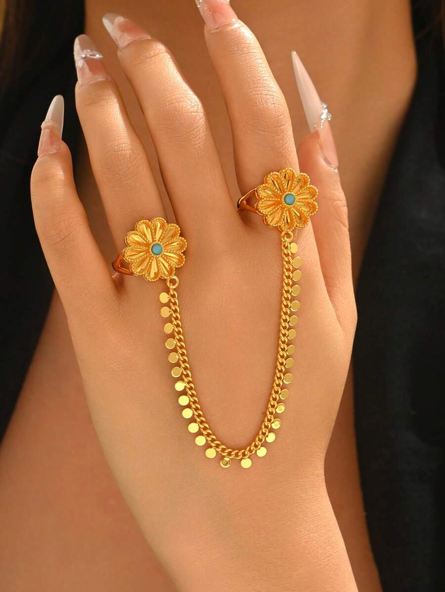 1pc Minimalist Versatile Gold-Plated All-Match Chain & Floral Linked Finger Hand Chain, Suitable For Dates, Weddings, Parties, Holidays, Gift - Yellow Gold - View 1