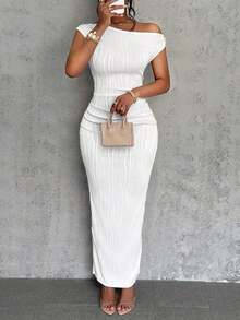 1PC New Cute Fashionable Water Ripple One-Shoulder Slim Dress Women's Clothing - trắng - Xem 9