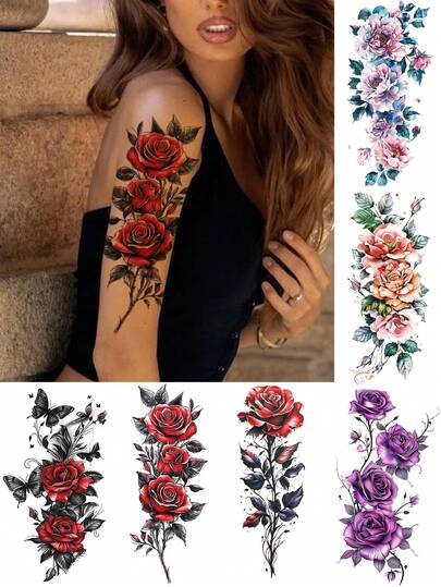 6pcs Colorful Floral Temporary Tattoo Stickers, Waterproof Rose Butterfly Romantic Temporary Tattoos, Sexy Fake Tattoos For Valentine's Day, Fashionable Body Art For Women, Suitable For Holidays, Beach, Dates And Daily Makeup
