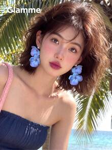 1對誇張花朵人造珍珠垂墜耳環，適合女性休閒日常穿著、度假、時尚優雅、生日派對 - 藍色 - 查看 4