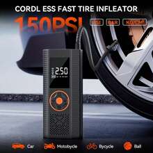 Este dispositivo multifuncional combina un compresor de aire portátil, una bomba de aire inalámbrica, un arrancador de coche, un banco de energía y una linterna LED. (El inflador de neumáticos está equipado con una batería de ión de litio de 7.4V 2000mAh. El arrancador está equipado con una batería de ión de litio de 14.8V 1500mAh.) - Inalámbrico - Ver 6