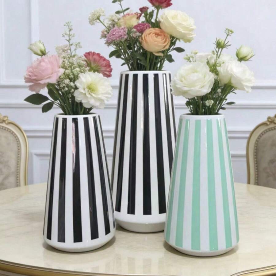 Simple Ceramic Vase, Black And White Striped Vase. Flower Vase Home Decor Room Decor Glass Vase